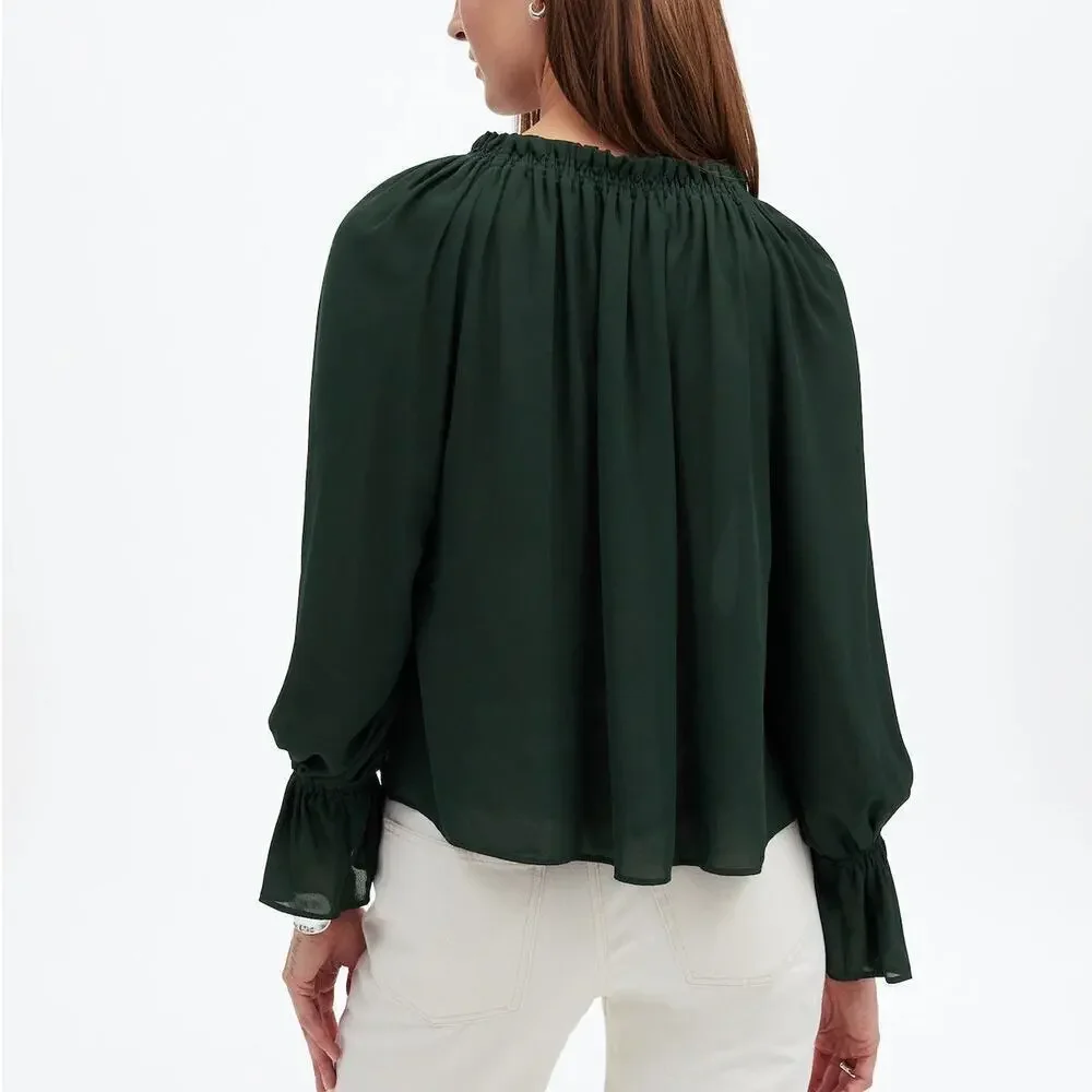 Madewell Top Long Sleeve Tie Neck Peasant Blouse Luxury Forest Green NWT XS